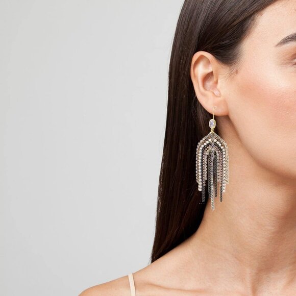 Boho Fringe Tassel Earrings for Women, Beaded CZ Pearl Dangle Wedding Jewelry - Picture 4 of 6